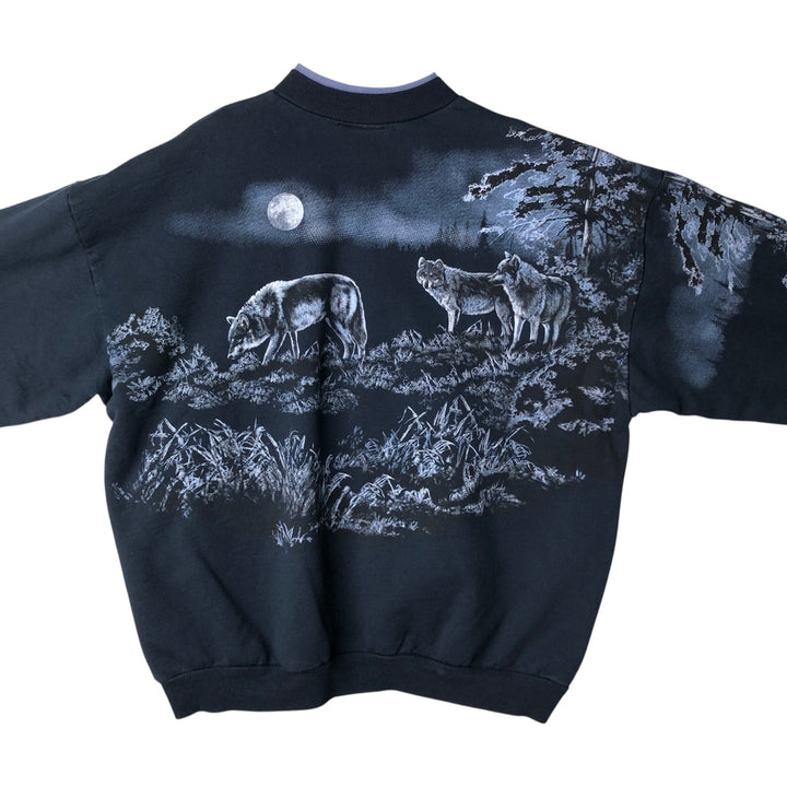 90'S ART UNLIMITED Wolf Pattern Henley Neck Animal Sweatshirt, Made in USA, Men's XXL unclear navy blue type Vintage Second Hand