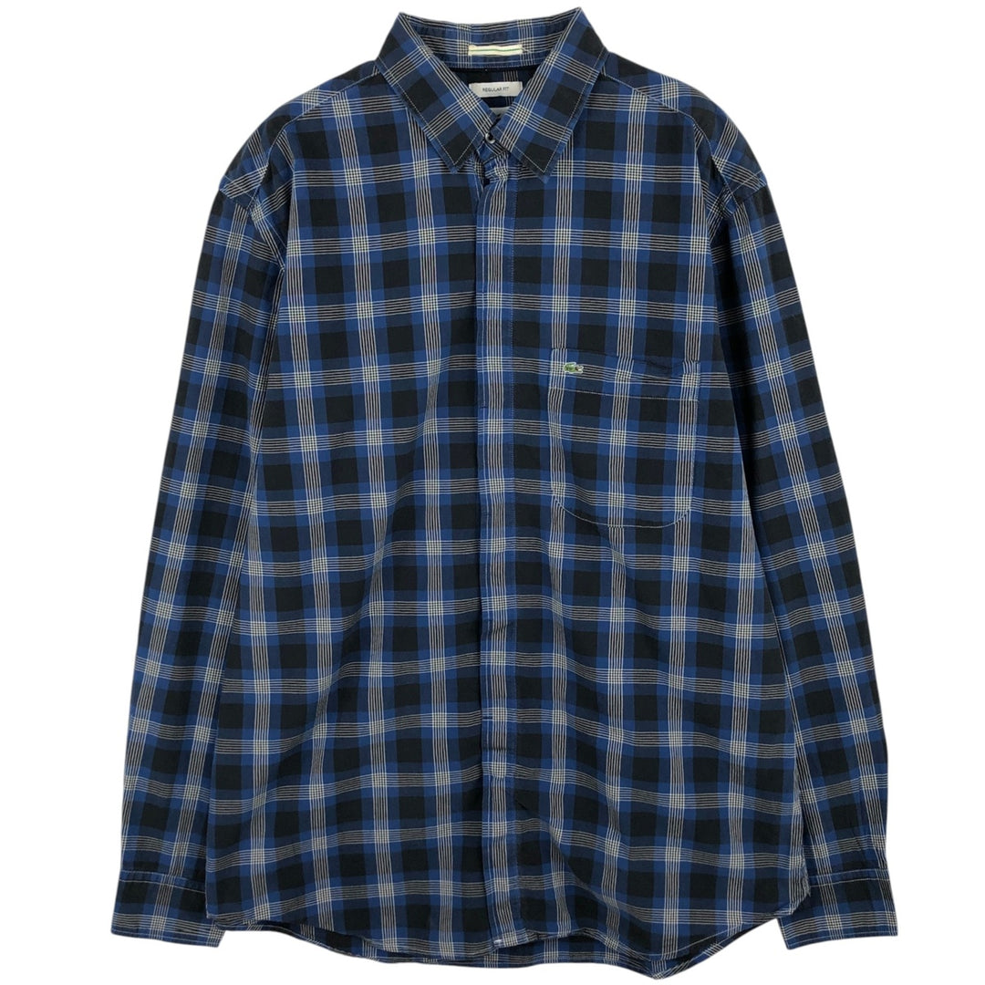Lacoste French-designed long-sleeved cotton check shirt, men's size M cotton navy blue type Vintage Second Hand