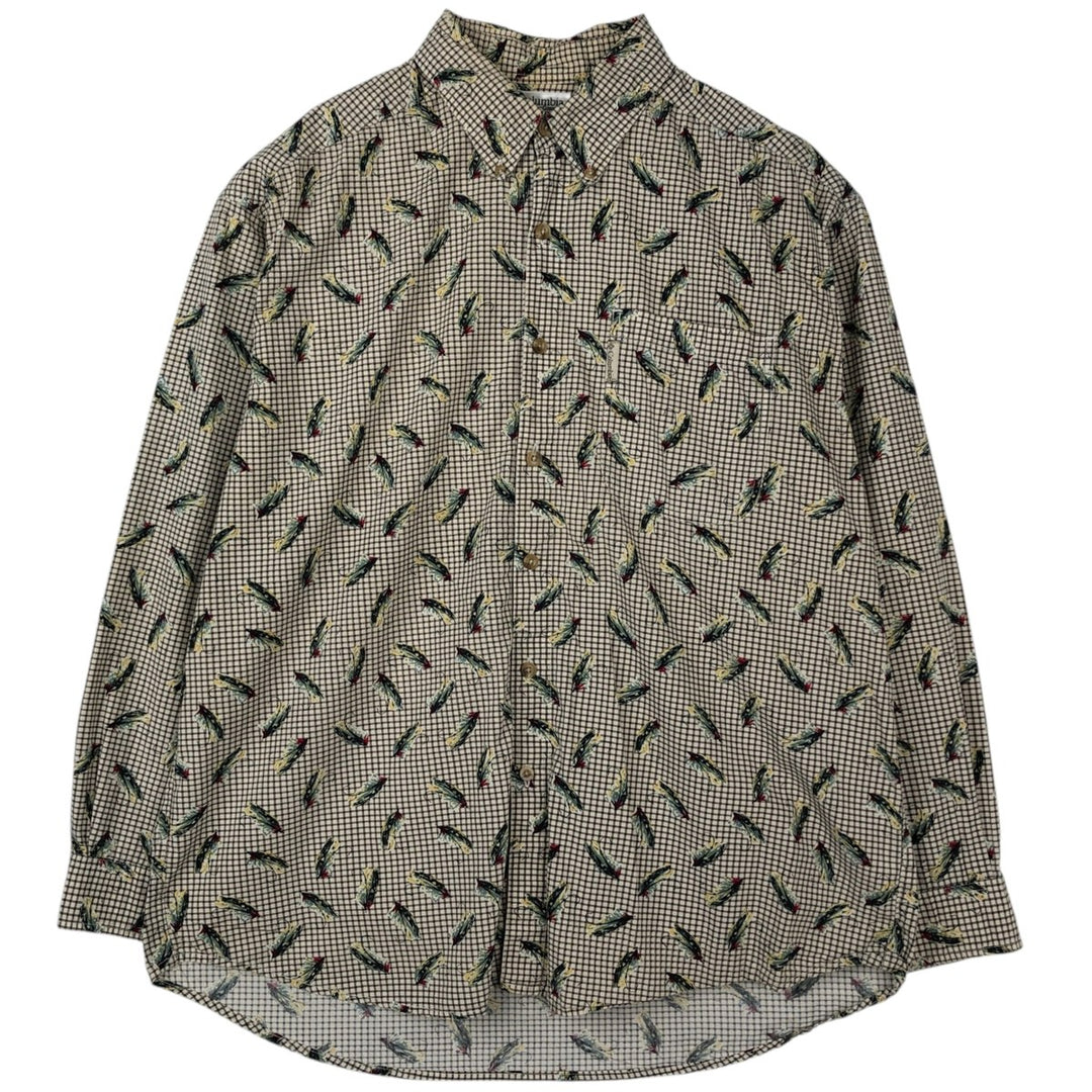 90'S Vintage Columbia Gingham Fishing Lure Pattern Long Sleeve Button-Down Check Shirt, Men's Size L cotton beige type brown Vintage Second Hand