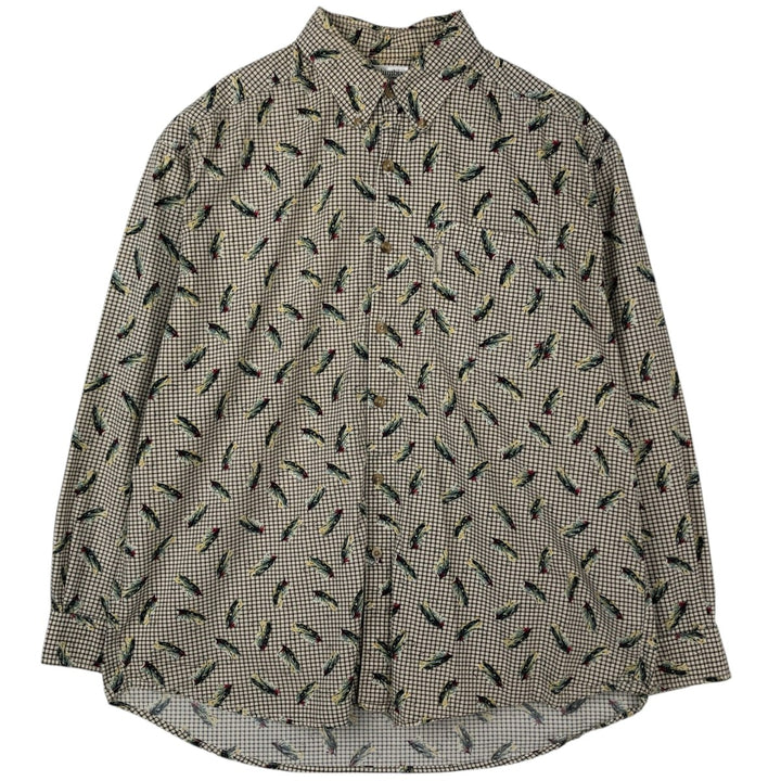 90'S Vintage Columbia Gingham Fishing Lure Pattern Long Sleeve Button-Down Check Shirt, Men's Size L cotton beige type brown Vintage Second Hand