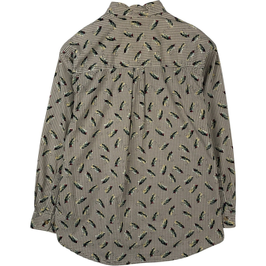 90'S Vintage Columbia Gingham Fishing Lure Pattern Long Sleeve Button-Down Check Shirt, Men's Size L cotton beige type brown Vintage Second Hand