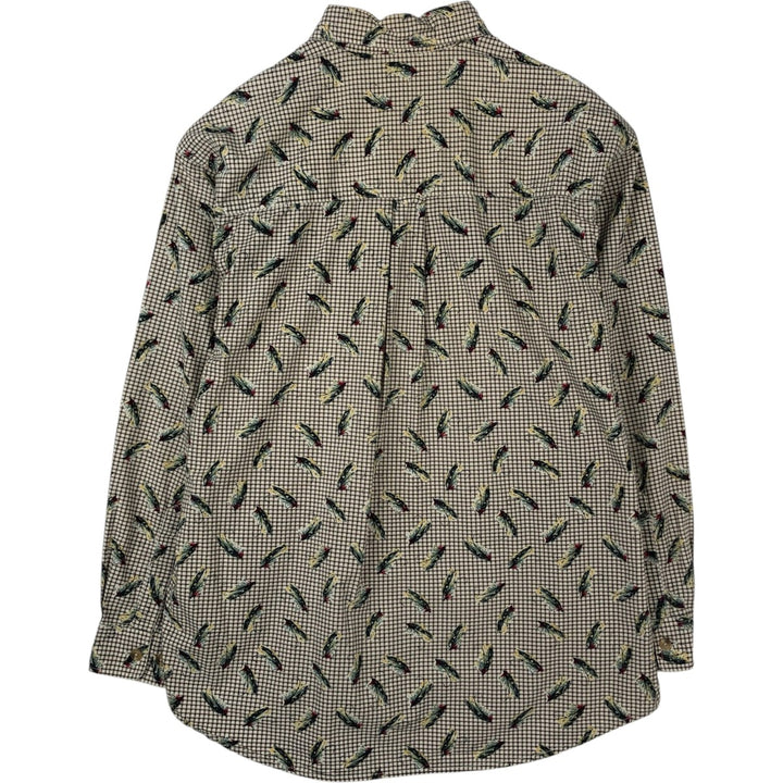 90'S Vintage Columbia Gingham Fishing Lure Pattern Long Sleeve Button-Down Check Shirt, Men's Size L cotton beige type brown Vintage Second Hand