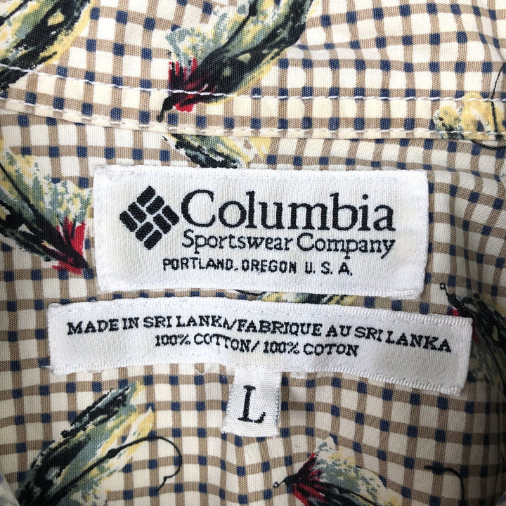 90'S Vintage Columbia Gingham Fishing Lure Pattern Long Sleeve Button-Down Check Shirt, Men's Size L cotton beige type brown Vintage Second Hand