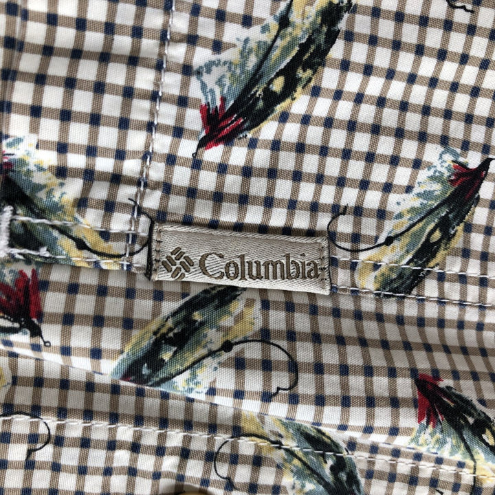 90'S Vintage Columbia Gingham Fishing Lure Pattern Long Sleeve Button-Down Check Shirt, Men's Size L cotton beige type brown Vintage Second Hand