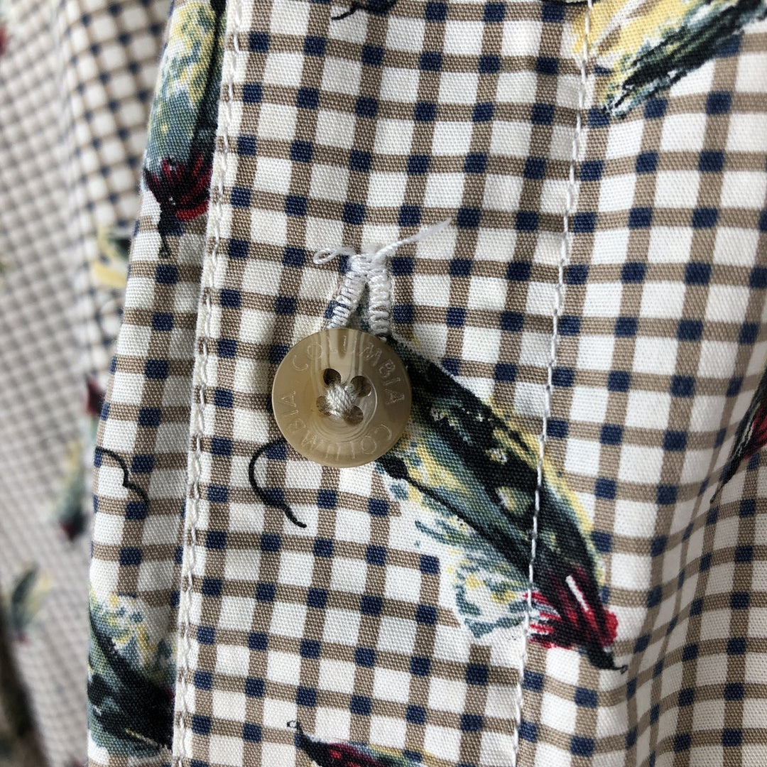 90'S Vintage Columbia Gingham Fishing Lure Pattern Long Sleeve Button-Down Check Shirt, Men's Size L cotton beige type brown Vintage Second Hand