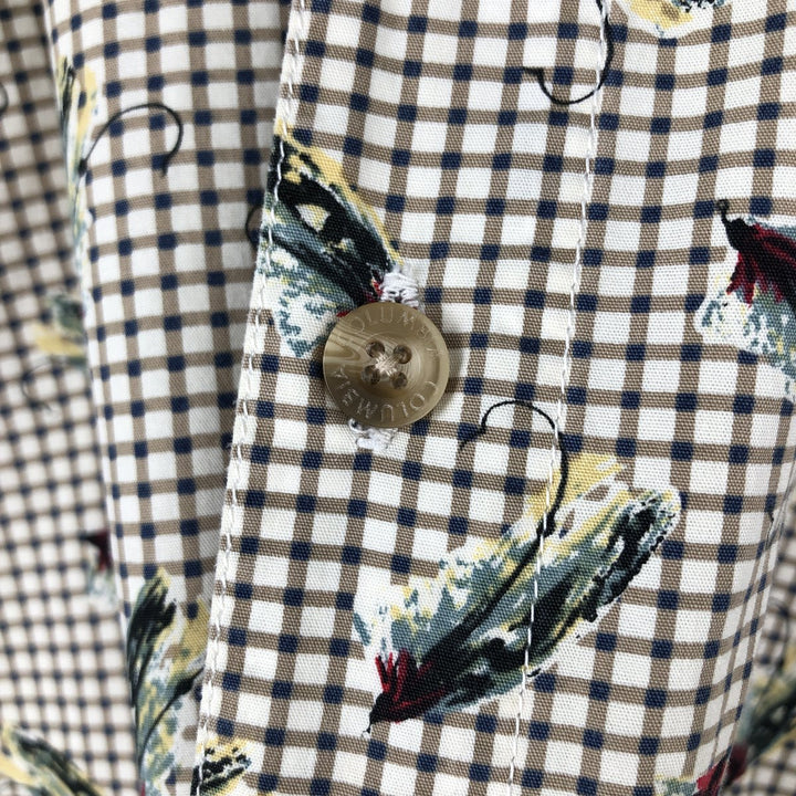 90'S Vintage Columbia Gingham Fishing Lure Pattern Long Sleeve Button-Down Check Shirt, Men's Size L cotton beige type brown Vintage Second Hand