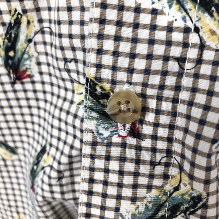 90'S Vintage Columbia Gingham Fishing Lure Pattern Long Sleeve Button-Down Check Shirt, Men's Size L cotton beige type brown Vintage Second Hand