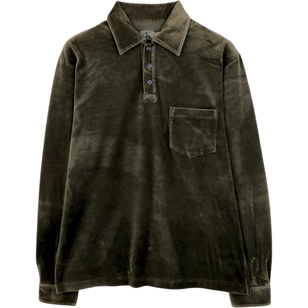 90s-00'S Vintage Calvin Klein Velour Long Sleeve Polo Shirt, Men's Size Medium unclear Khaki type brown Vintage Second Hand