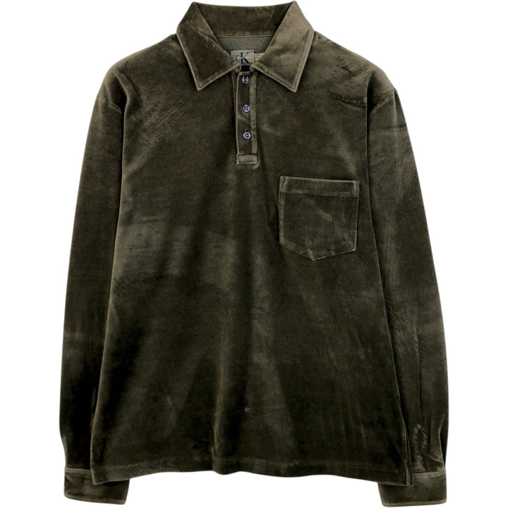 90s-00'S Vintage Calvin Klein Velour Long Sleeve Polo Shirt, Men's Size Medium unclear Khaki type brown Vintage Second Hand