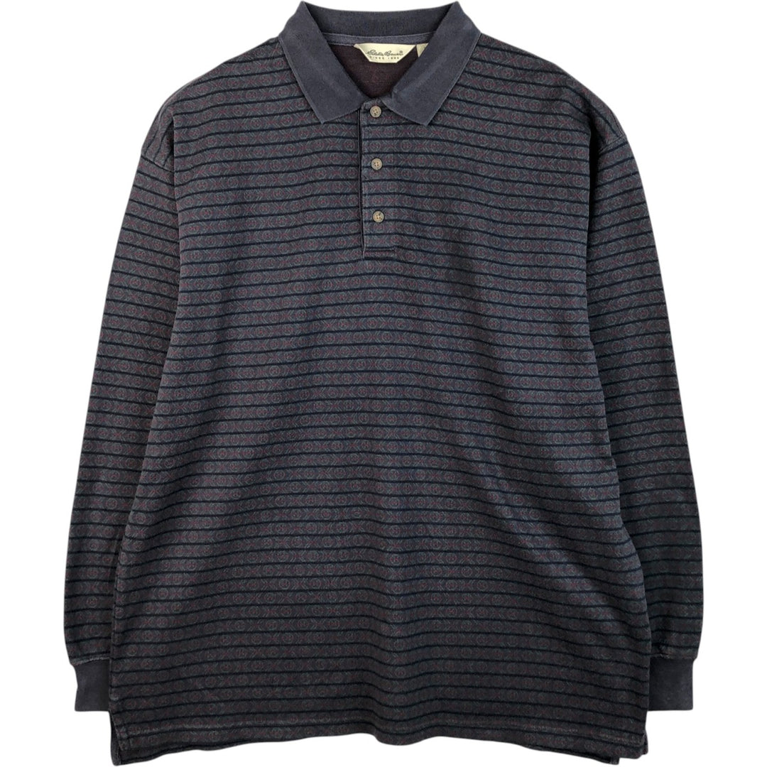 Vintage 1990'S Eddie Bauer all-over print long-sleeved polo shirt, men's size XL cotton Charcoal Vintage Second Hand