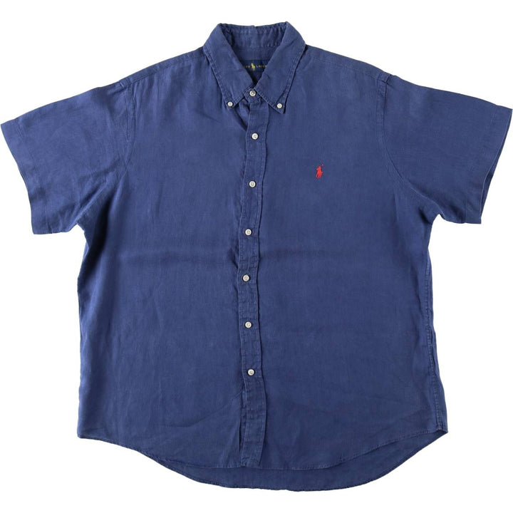 Ralph Lauren short sleeve linen button down shirt, men's size XL linen navy blue type Vintage Second Hand