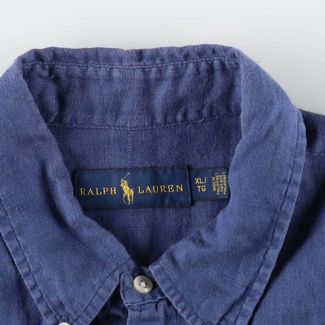 Ralph Lauren short sleeve linen button down shirt, men's size XL linen navy blue type Vintage Second Hand