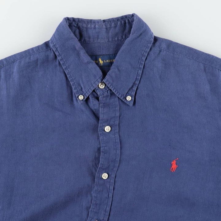 Ralph Lauren short sleeve linen button down shirt, men's size XL linen navy blue type Vintage Second Hand