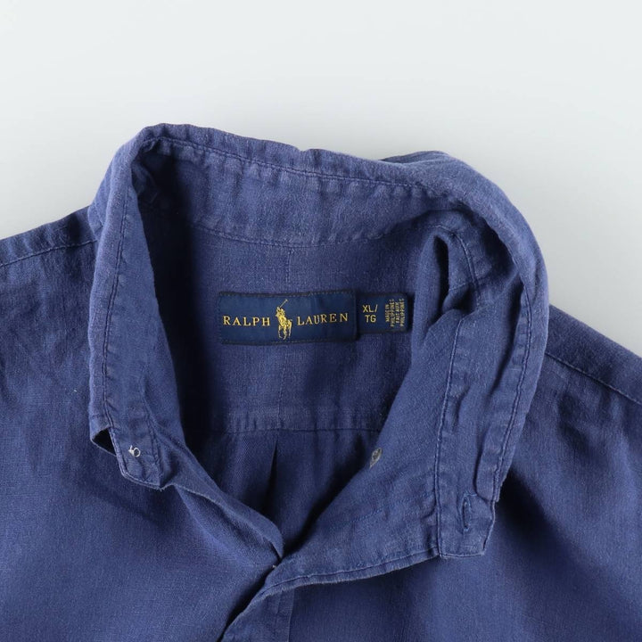 Ralph Lauren short sleeve linen button down shirt, men's size XL linen navy blue type Vintage Second Hand