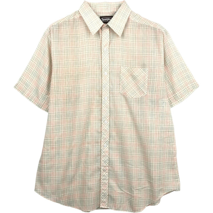 1980'S Sears Sportswear Check Pattern Short-Sleeve Poly-Cotton Shirt, Men's Size XL (Equivalent), Vintage polyester ivory Vintage Second Hand