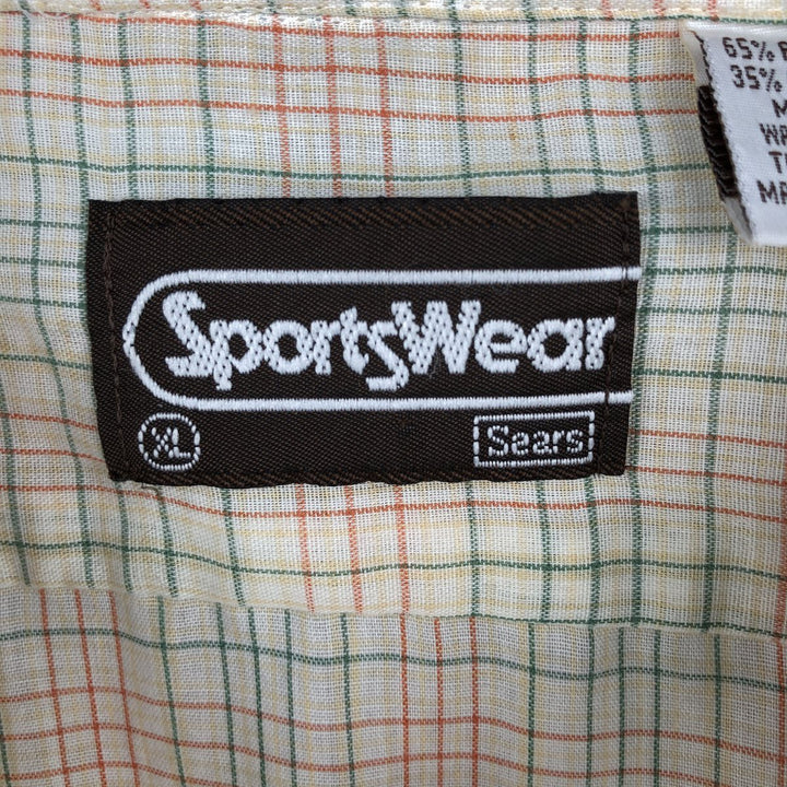 1980'S Sears Sportswear Check Pattern Short-Sleeve Poly-Cotton Shirt, Men's Size XL (Equivalent), Vintage polyester ivory Vintage Second Hand