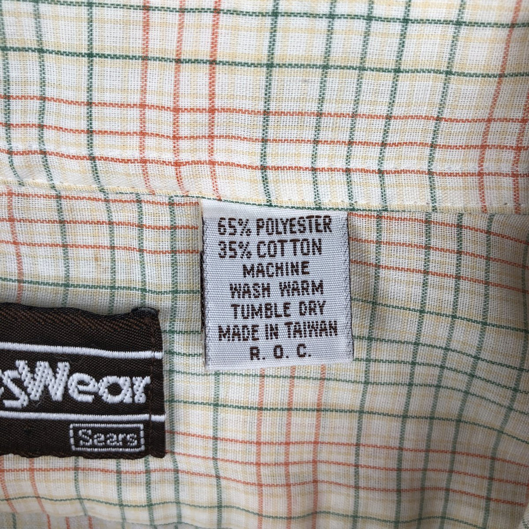 1980'S Sears Sportswear Check Pattern Short-Sleeve Poly-Cotton Shirt, Men's Size XL (Equivalent), Vintage polyester ivory Vintage Second Hand