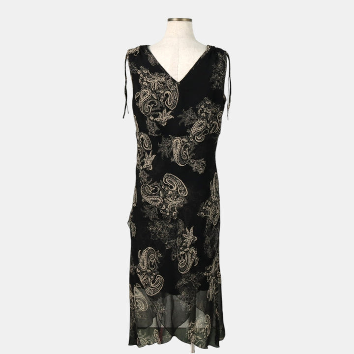 C and A YESSICA All-over print long irregular hem wrap sleeveless flared dress (women's size XL equivalent) polyester black type Vintage Second Hand