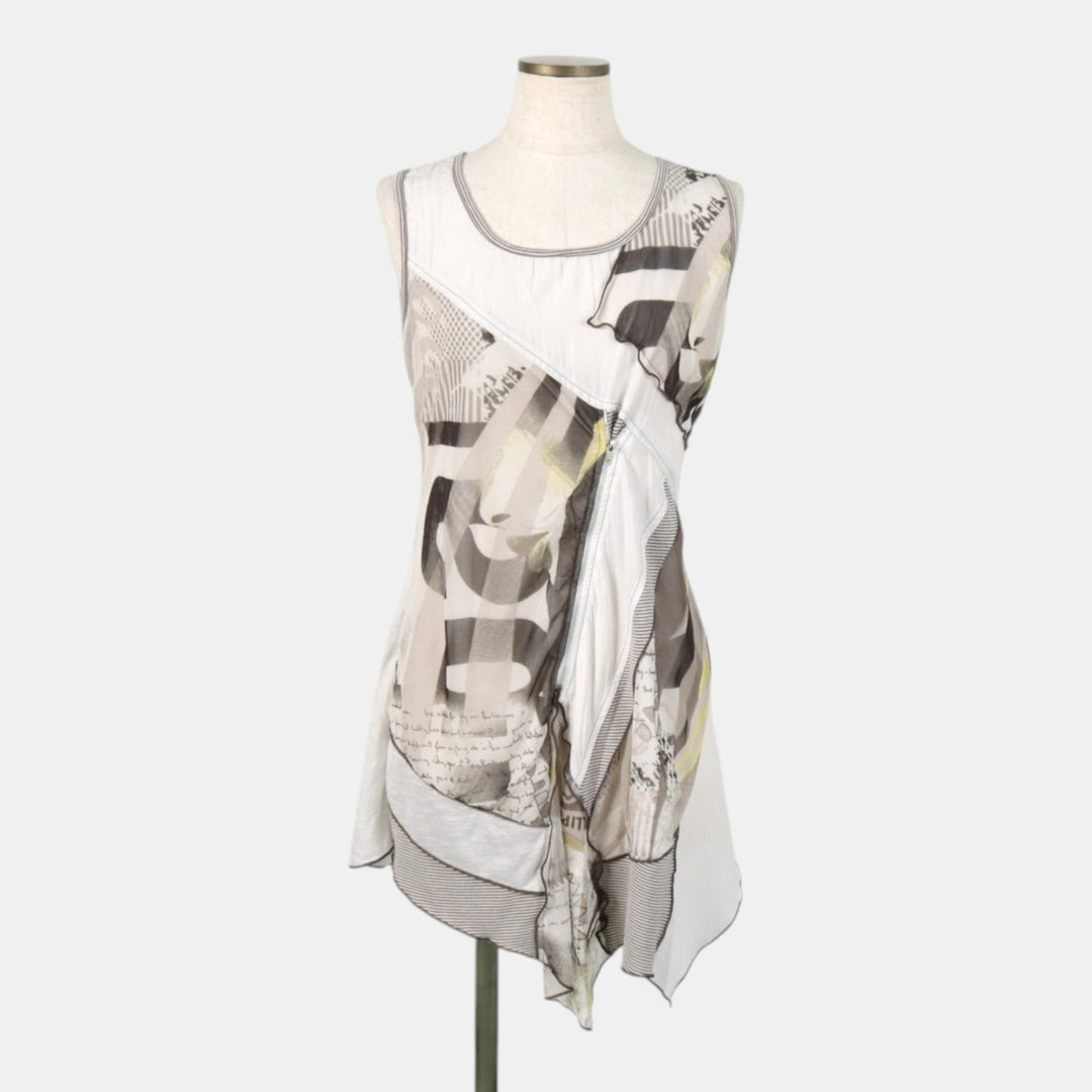 ARMAND THIERY all-over print, half-length, irregular hem, sleeveless A-line dress, made in France, women's size S equivalent. polyester white type Vintage Second Hand
