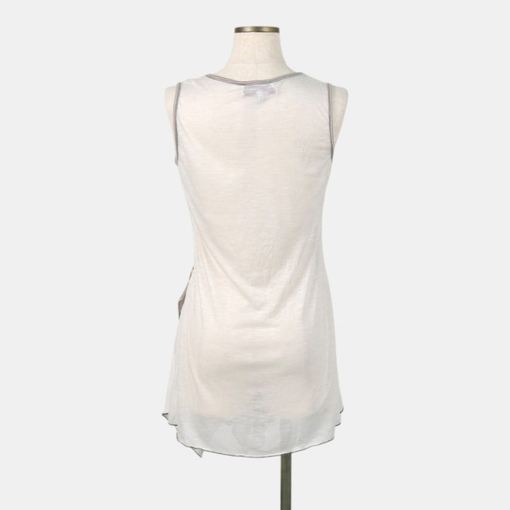 ARMAND THIERY all-over print, half-length, irregular hem, sleeveless A-line dress, made in France, women's size S equivalent. polyester white type Vintage Second Hand