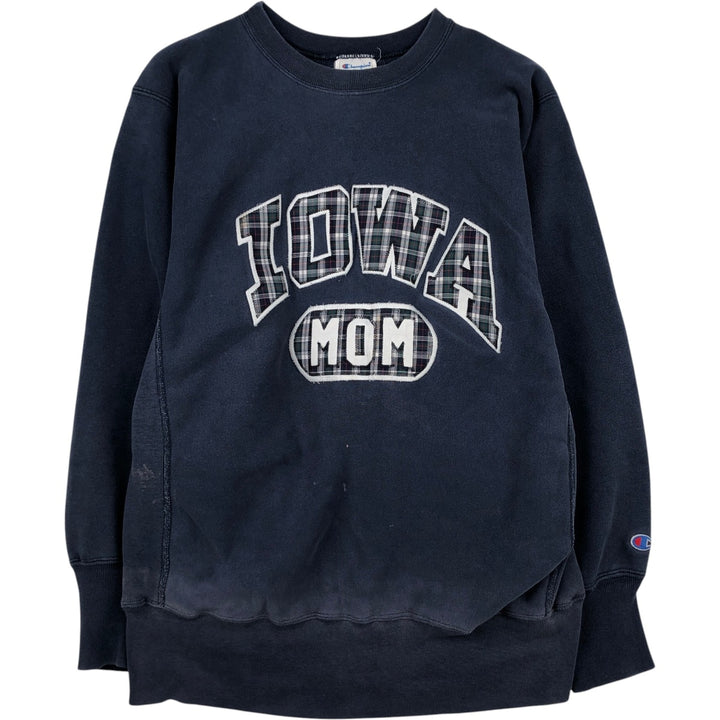 80'S Champion Reverse Weave Tricot Tag University of Iowa Check Pattern College Sweatshirt, Made in USA cotton navy blue type Vintage Second Hand