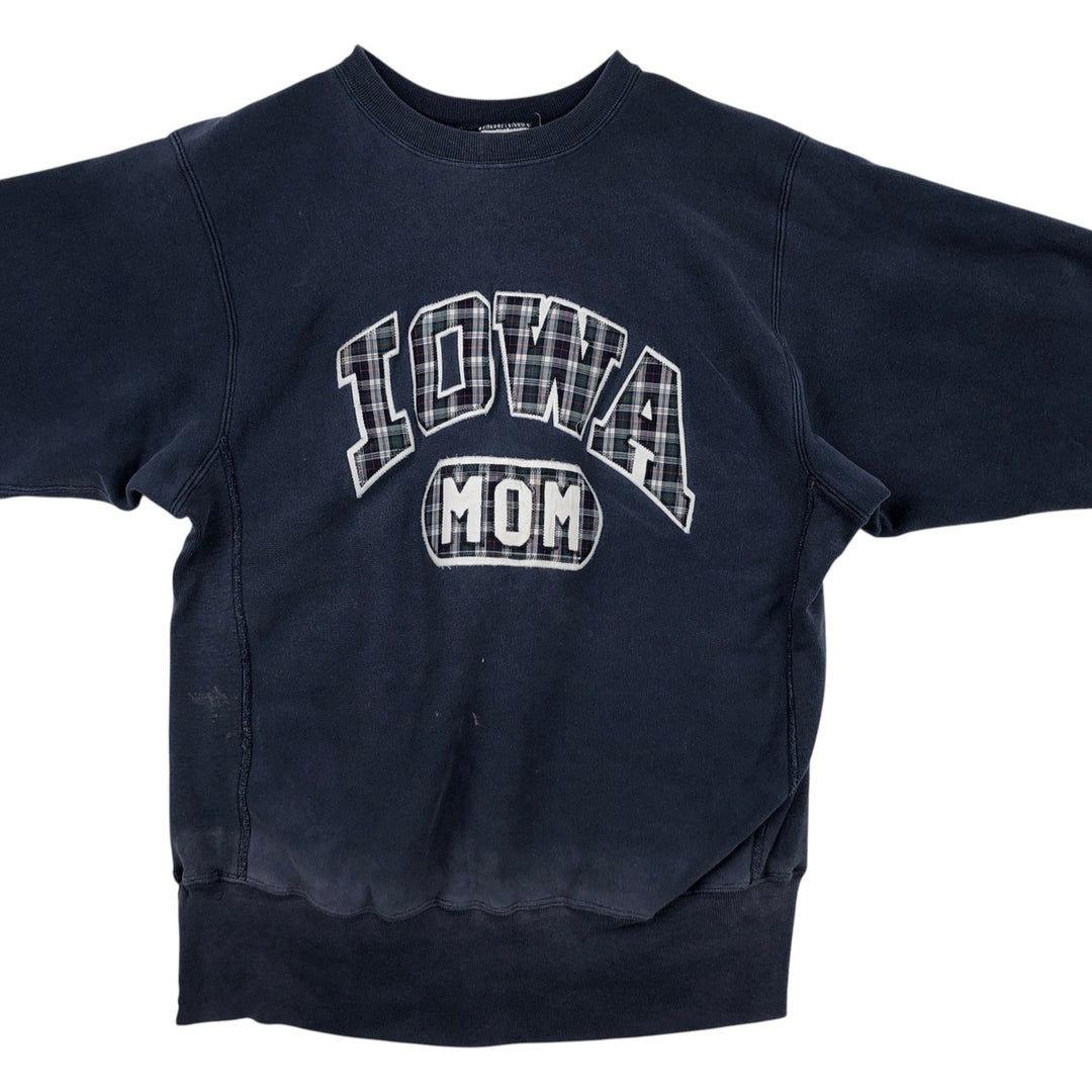80'S Champion Reverse Weave Tricot Tag University of Iowa Check Pattern College Sweatshirt, Made in USA cotton navy blue type Vintage Second Hand
