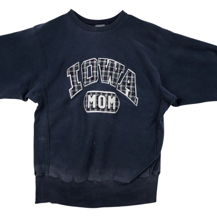 80'S Champion Reverse Weave Tricot Tag University of Iowa Check Pattern College Sweatshirt, Made in USA cotton navy blue type Vintage Second Hand