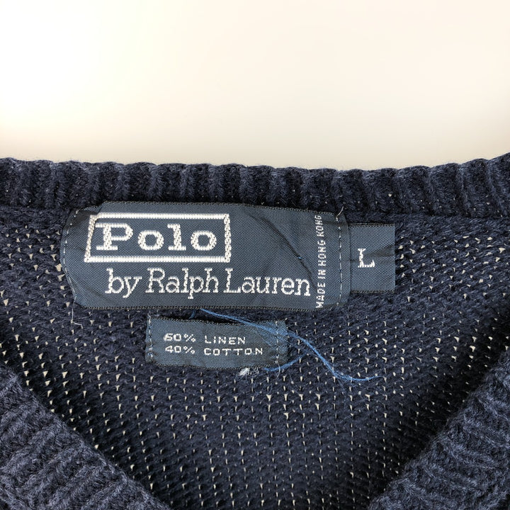 Ralph Lauren POLO RALPH LAUREN Classic Fit V-neck linen and cotton knit sweater, men's size L linen navy blue type Vintage Second Hand
