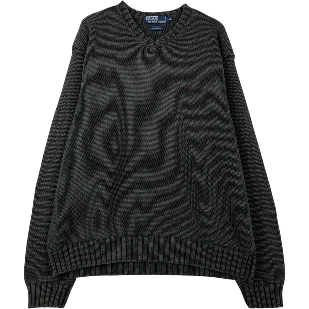 Ralph Lauren POLO by Ralph Lauren V-neck cotton knit sweater, men's XL size cotton Charcoal Vintage Second Hand