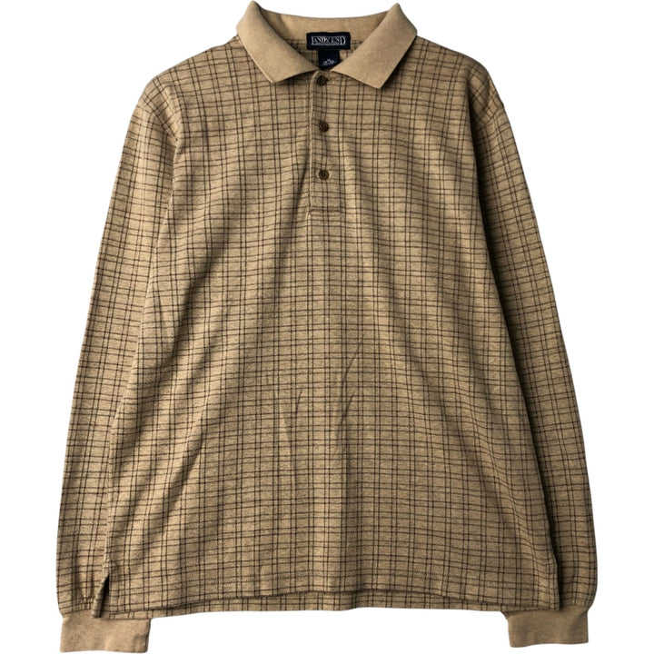 LANDS' END Long Sleeve Check Polo Shirt, Men's Size M cotton Beige type Vintage Second Hand