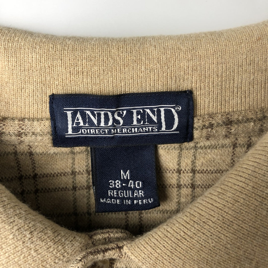 LANDS' END Long Sleeve Check Polo Shirt, Men's Size M cotton Beige type Vintage Second Hand