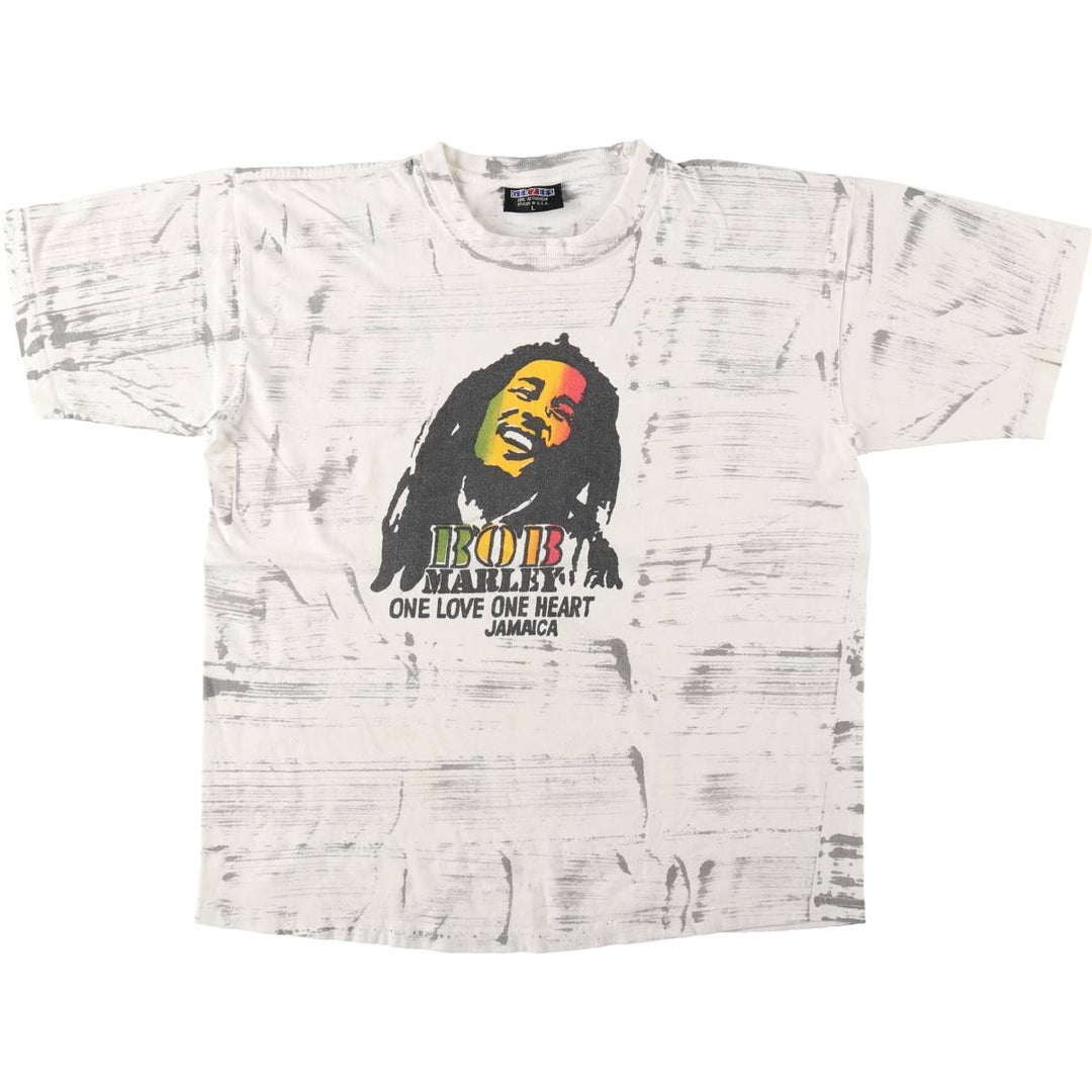 GERZEES BOB MARLEY All-over print band t-shirt (Men's size L) cotton white type Vintage Second Hand