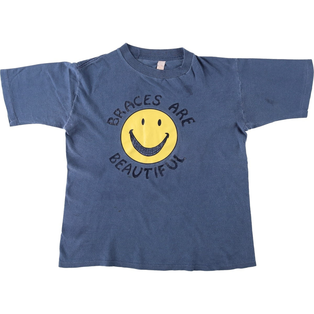 70s-80'S smile print T-shirt, men's size S equivalent, vintage. unclear blue type Vintage Second Hand