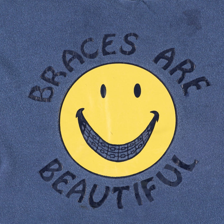 70s-80'S smile print T-shirt, men's size S equivalent, vintage. unclear blue type Vintage Second Hand