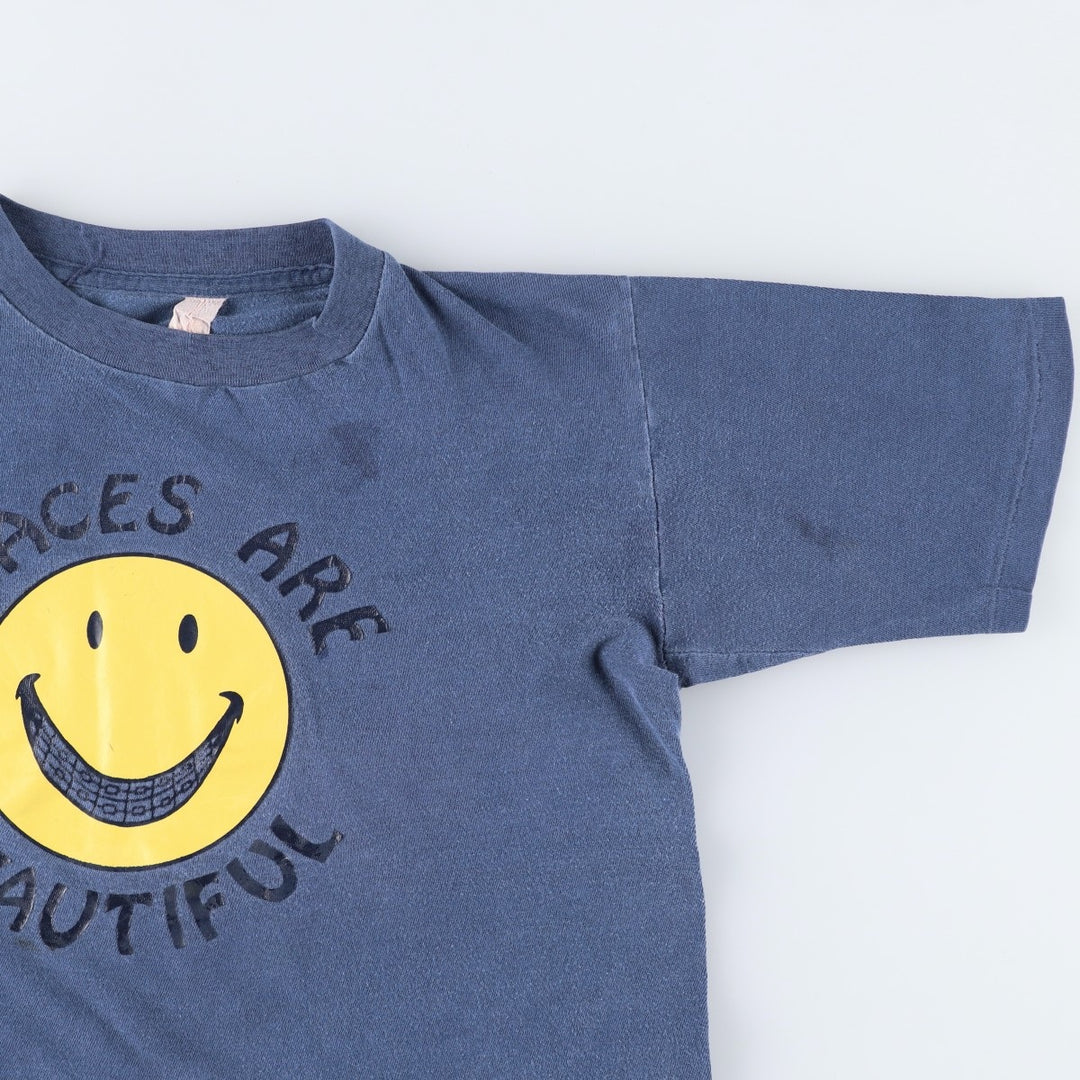 70s-80'S smile print T-shirt, men's size S equivalent, vintage. unclear blue type Vintage Second Hand