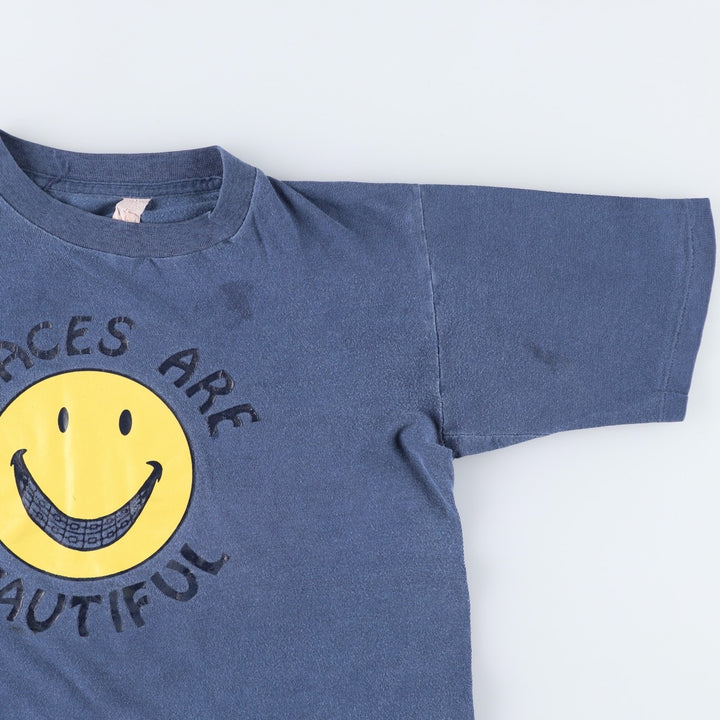70s-80'S smile print T-shirt, men's size S equivalent, vintage. unclear blue type Vintage Second Hand