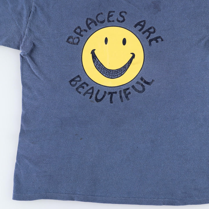 70s-80'S smile print T-shirt, men's size S equivalent, vintage. unclear blue type Vintage Second Hand