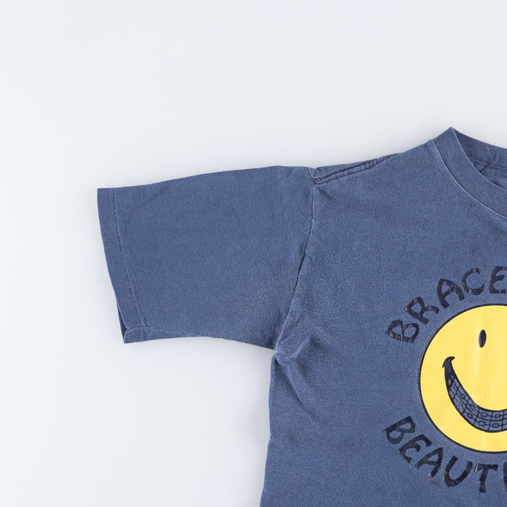 70s-80'S smile print T-shirt, men's size S equivalent, vintage. unclear blue type Vintage Second Hand