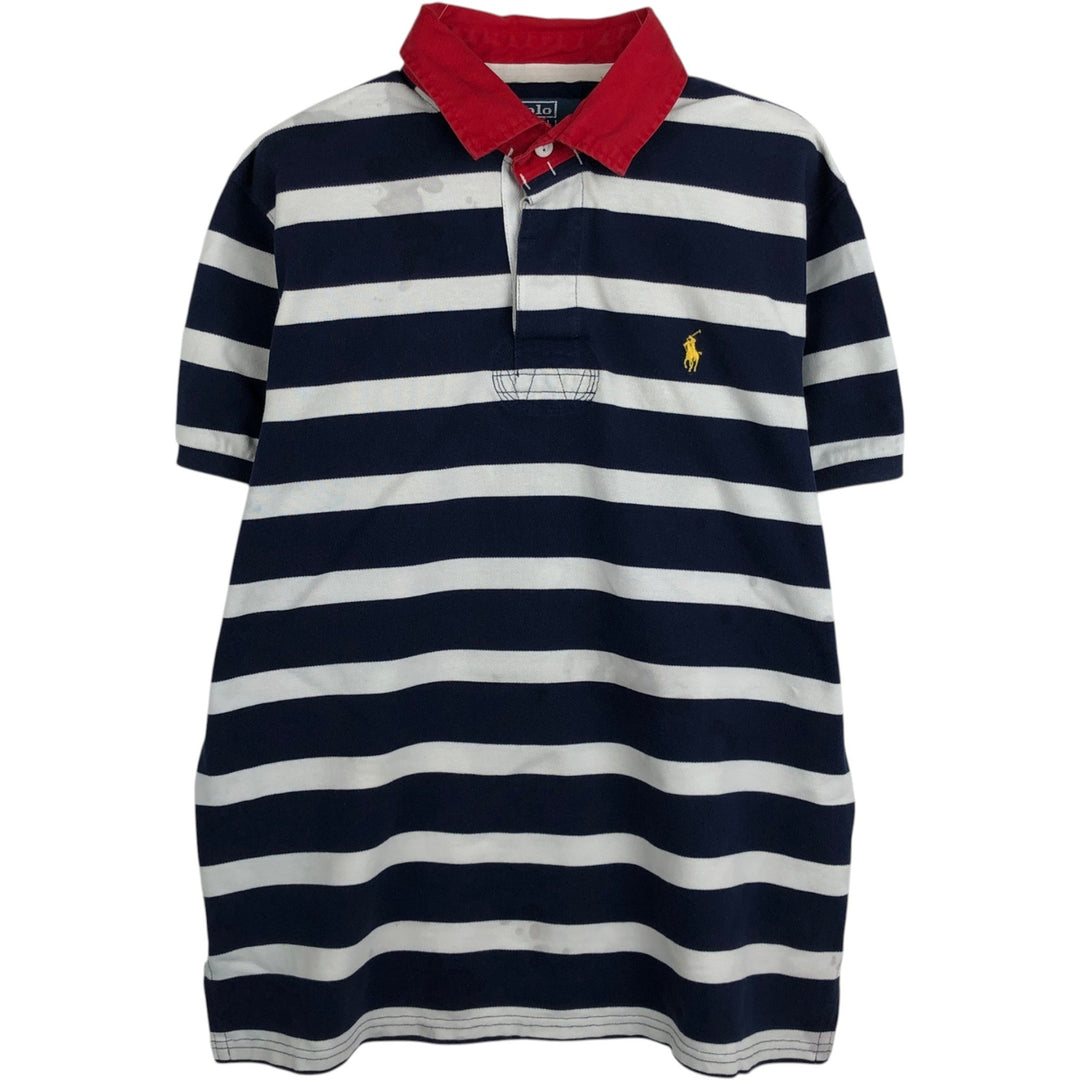 Ralph Lauren POLO by Ralph Lauren CUSTOM FIT Striped Pattern Short Sleeve Rugby Shirt, Men's Size L cotton navy blue type Vintage Second Hand