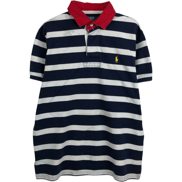 Ralph Lauren POLO by Ralph Lauren CUSTOM FIT Striped Pattern Short Sleeve Rugby Shirt, Men's Size L cotton navy blue type Vintage Second Hand