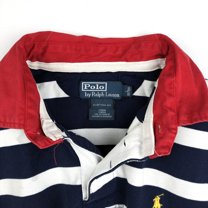 Ralph Lauren POLO by Ralph Lauren CUSTOM FIT Striped Pattern Short Sleeve Rugby Shirt, Men's Size L cotton navy blue type Vintage Second Hand