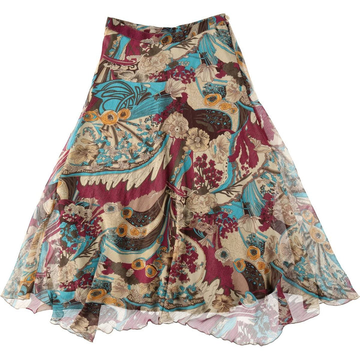 NIASTYLE All-over Botanical Pattern Midi Flare Skirt (Women's Size L equivalent) polyester Beige type Vintage Second Hand