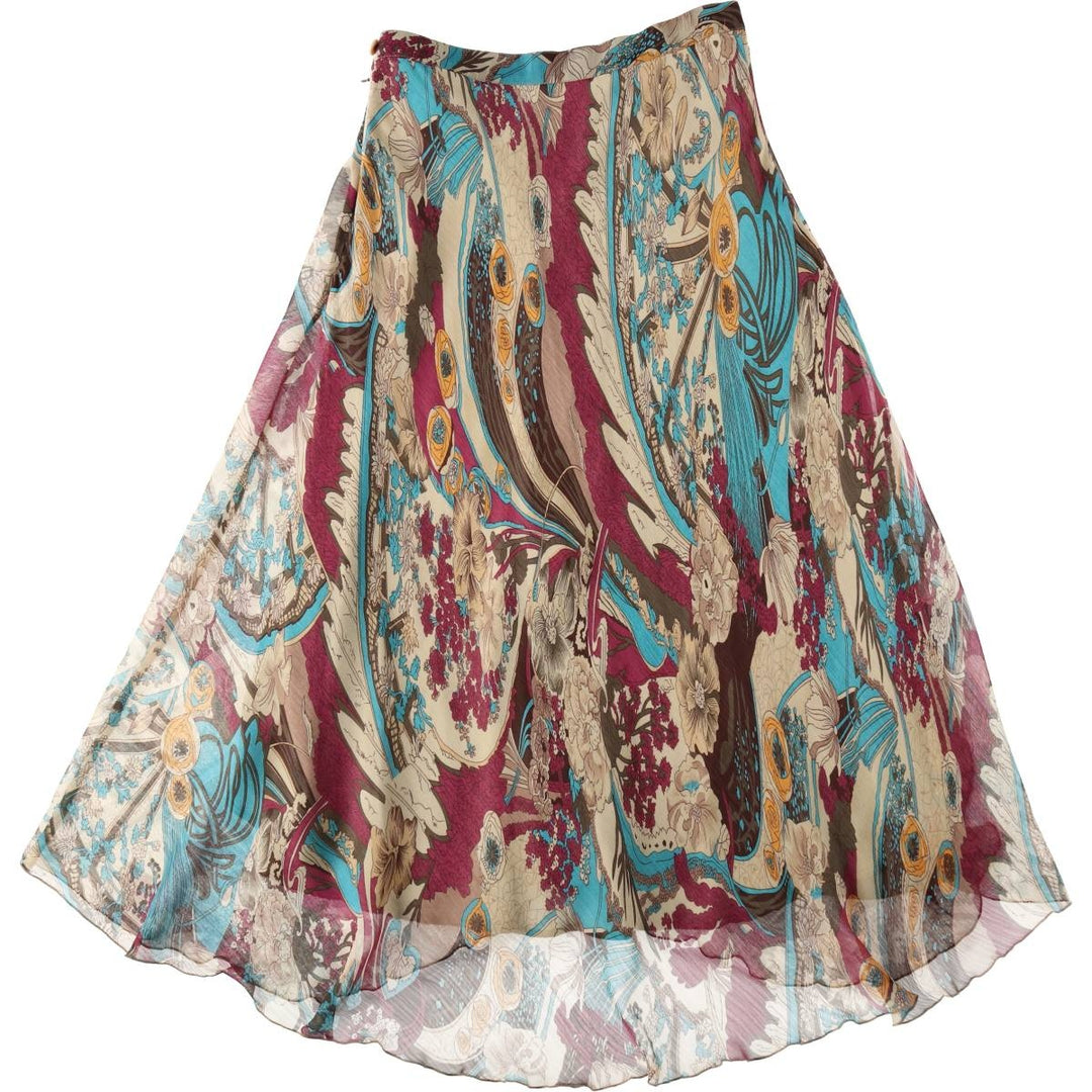 NIASTYLE All-over Botanical Pattern Midi Flare Skirt (Women's Size L equivalent) polyester Beige type Vintage Second Hand