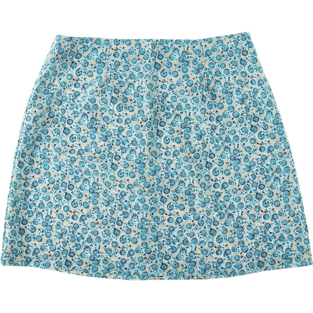Accomplice Floral Print A-line Mini Skirt, Made in USA, Women's Size L (approx.) polyester Blue type light blue Vintage Second Hand