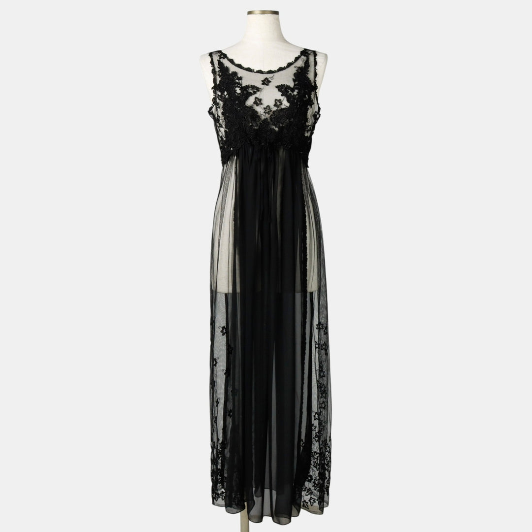 Long, sheer, cutwork embroidered lingerie sleeveless dress, women's size M equivalent. unclear black type Vintage Second Hand
