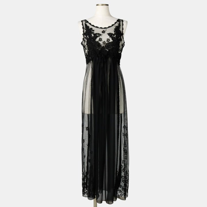Long, sheer, cutwork embroidered lingerie sleeveless dress, women's size M equivalent. unclear black type Vintage Second Hand