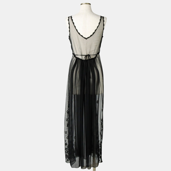 Long, sheer, cutwork embroidered lingerie sleeveless dress, women's size M equivalent. unclear black type Vintage Second Hand