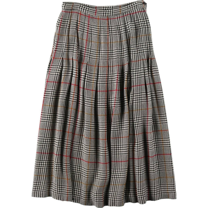 Check Pattern Rayon Midi Pleated Skirt (Women's Size M) Rayon black type Vintage Second Hand