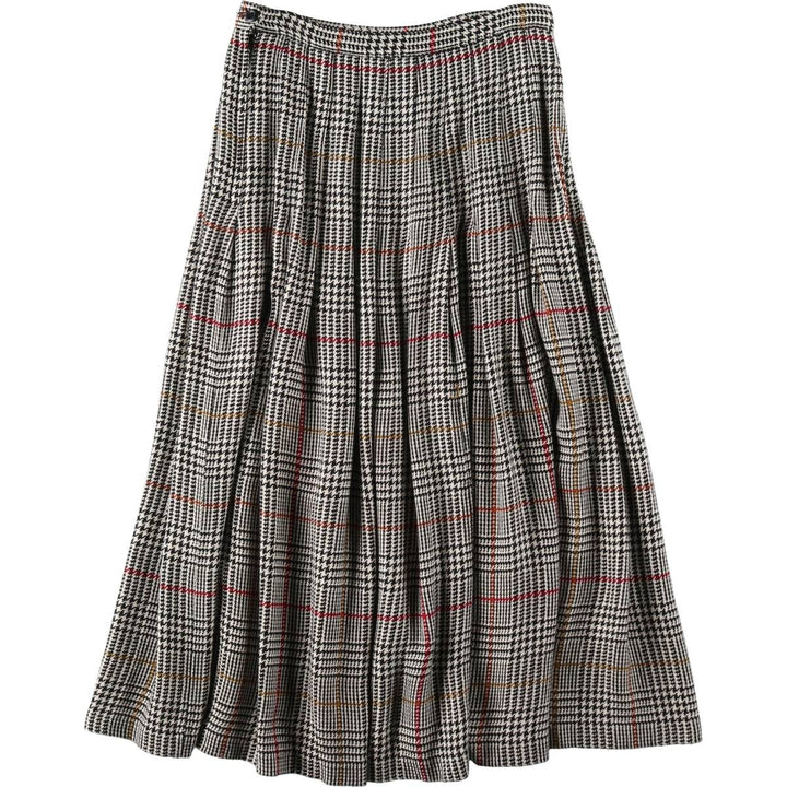 Check Pattern Rayon Midi Pleated Skirt (Women's Size M) Rayon black type Vintage Second Hand