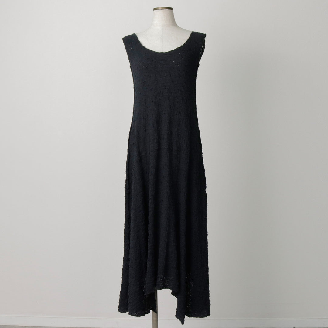 NOBLU Midi-length Shirred Irregular Hem Sleeveless Flare Dress, Made in USA, Women's Size S (approx.) cotton black type Vintage Second Hand